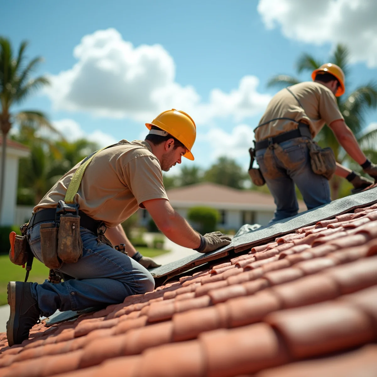 Roofer replacing a barrel-tile roof on a historic Delray Beach, FL home
