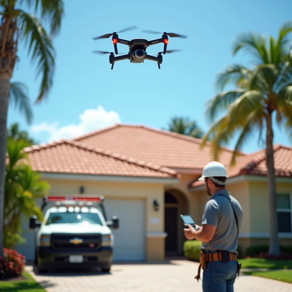 Drone flying over a tile roof during a roof inspection in Boca Raton, FL