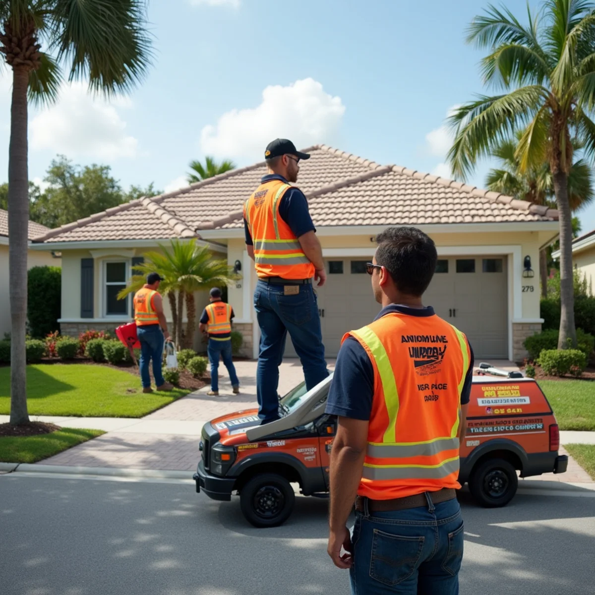 Homeowner and roofing crew inspecting hurricane roof damage on a Boca Raton, FL home the morning after a storm