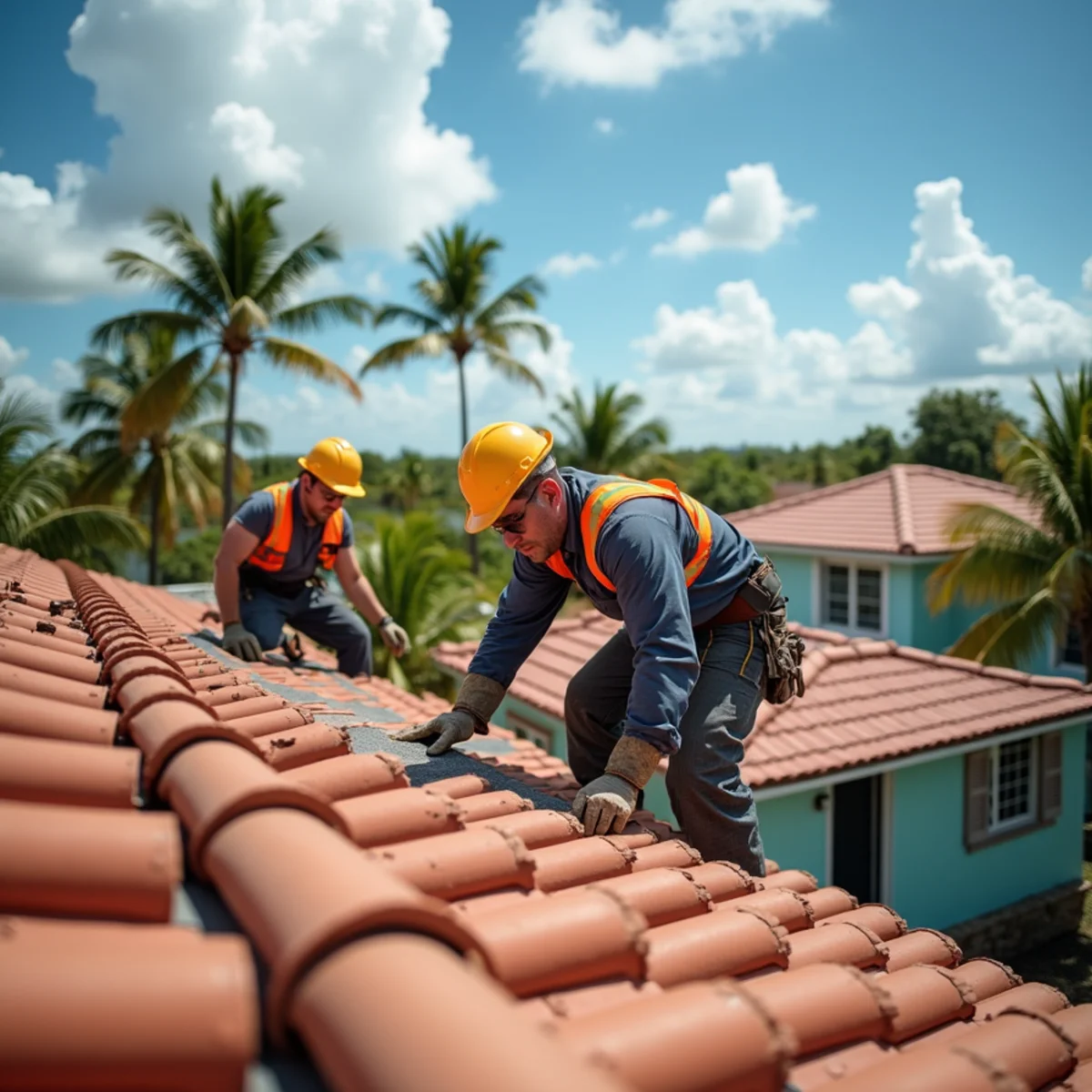Roofer installing aluminum flashing on a lagoon-front home roof in Hypoluxo, FL