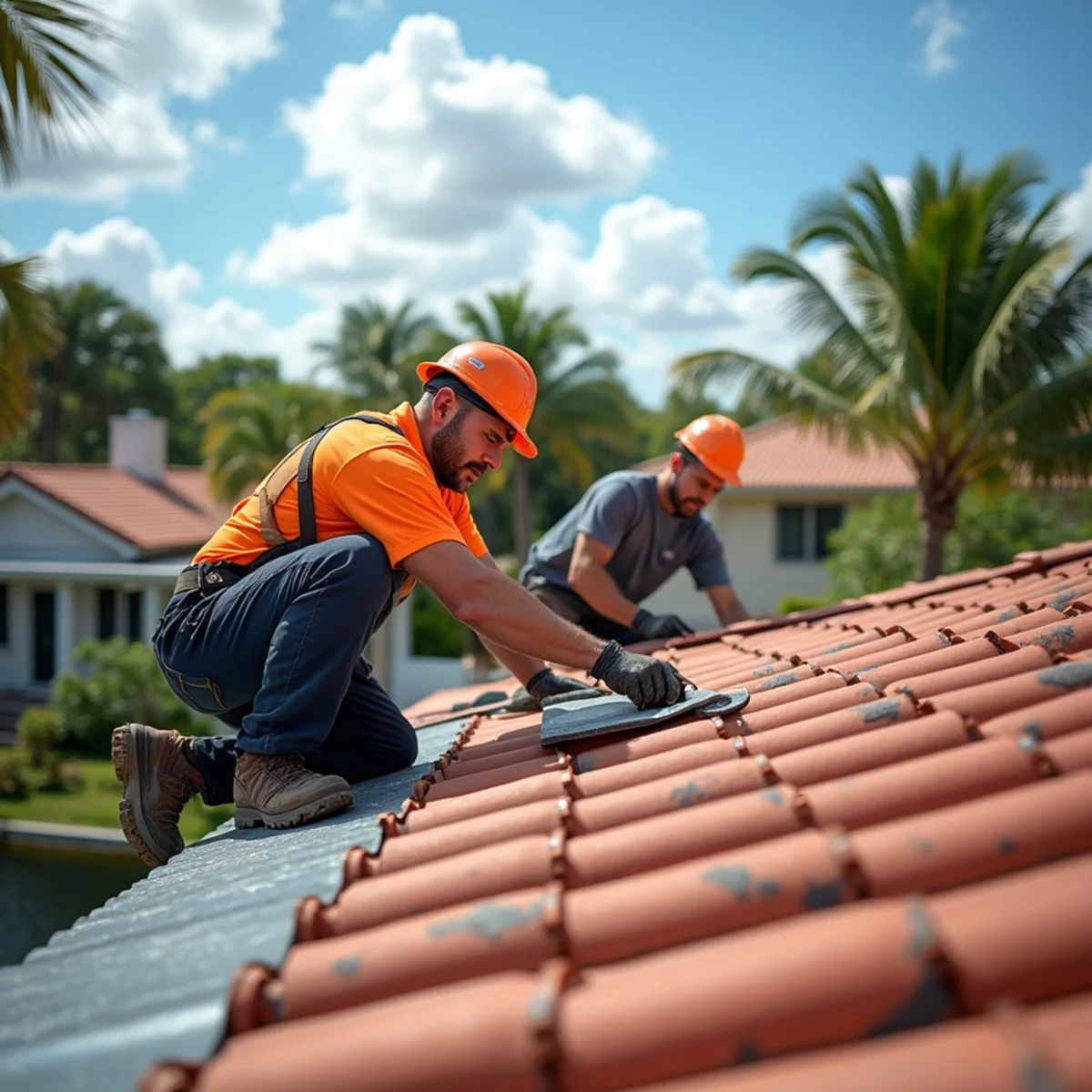 Roofer repairing a flat roof on a commercial building in Lake Park, FL