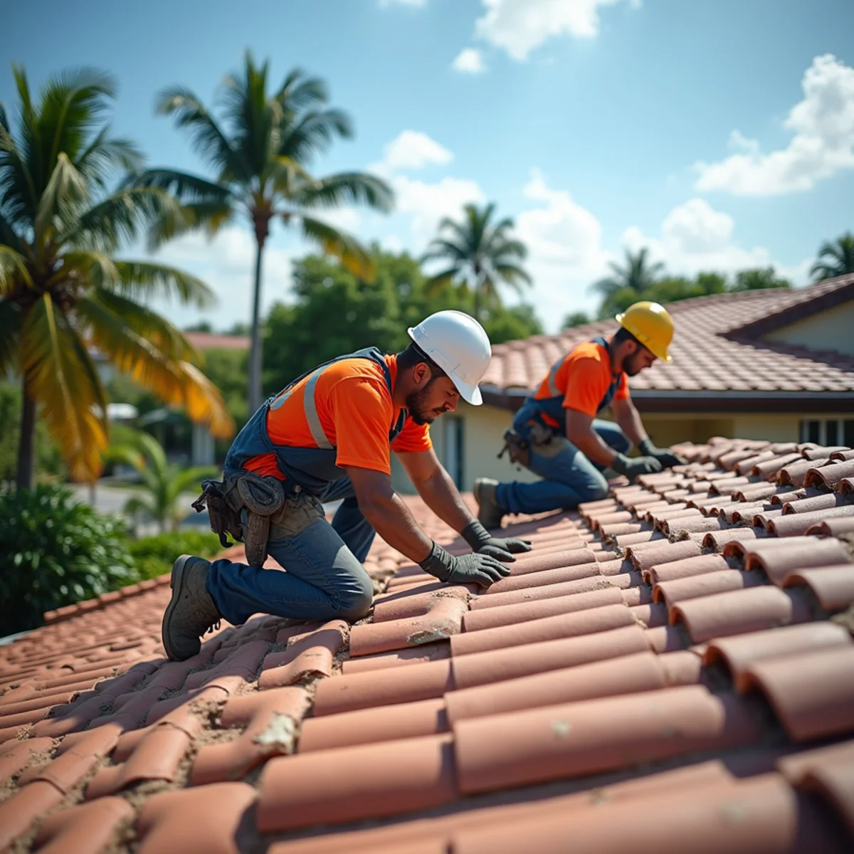 Roofer restoring a barrel-tile roof on a historic bungalow in Lake Worth Beach, FL