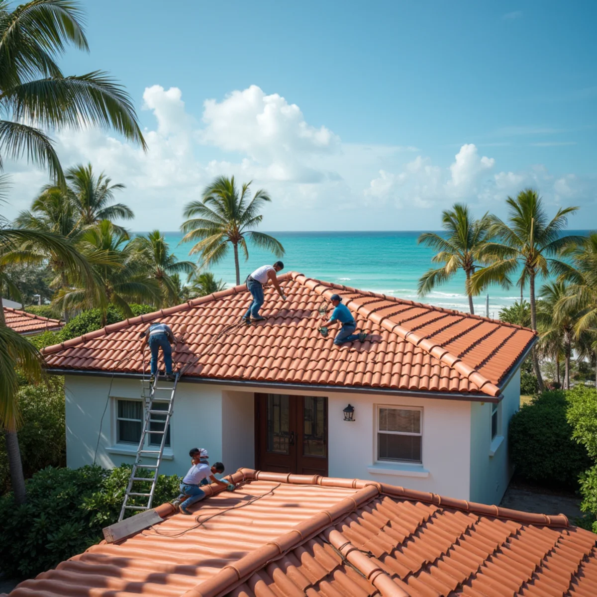 Roofer applying coating to a flat roof on a small oceanfront building in Lauderdale-by-the-Sea, FL