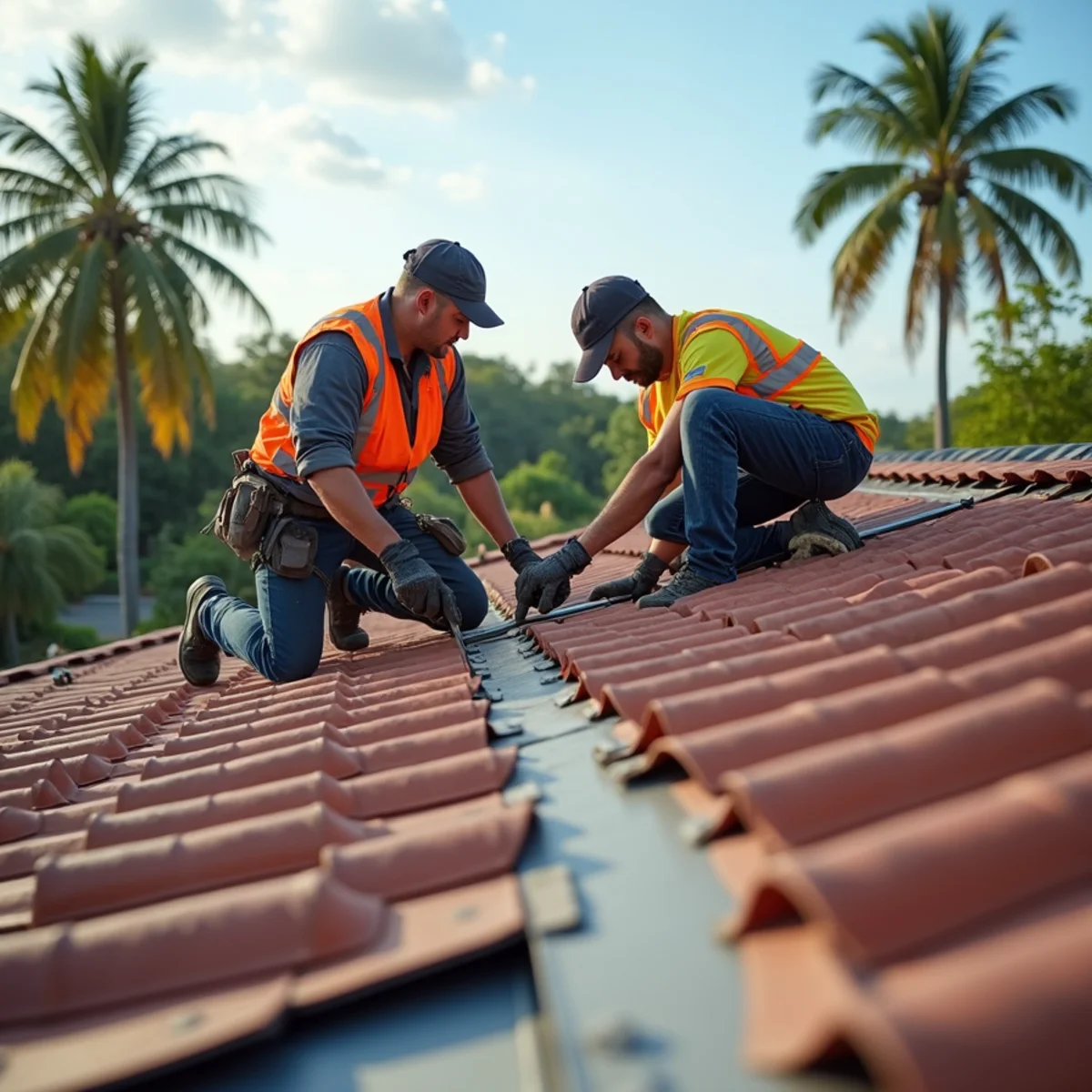 Roofer repairing a modified-bitumen flat roof on a commercial building in Oakland Park, FL