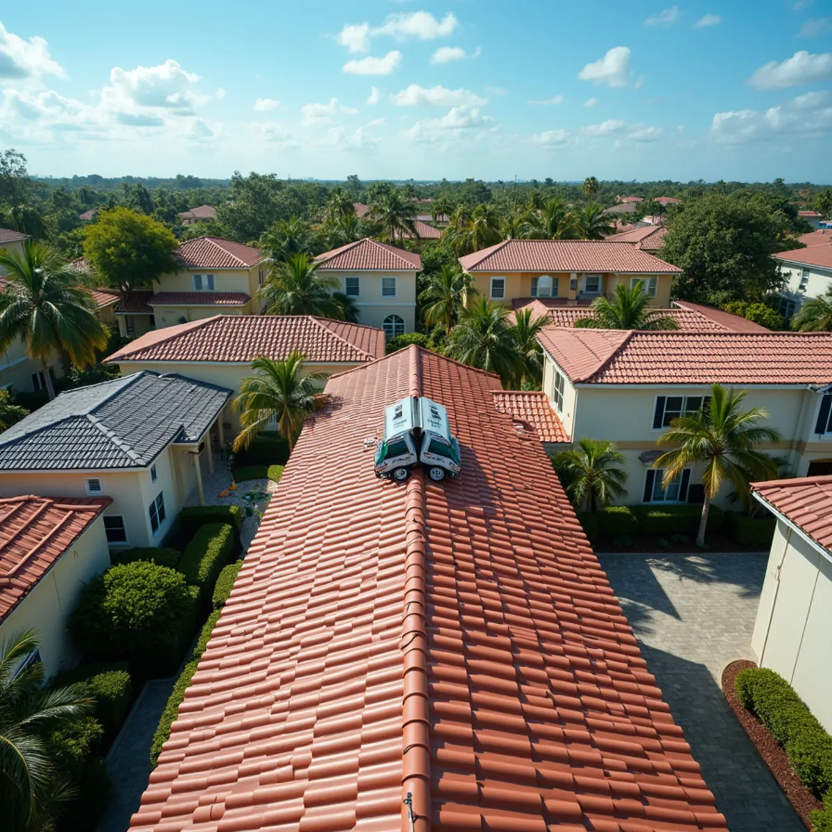 Roofing crew installing a tile roof on a home in Palm Beach County, FL