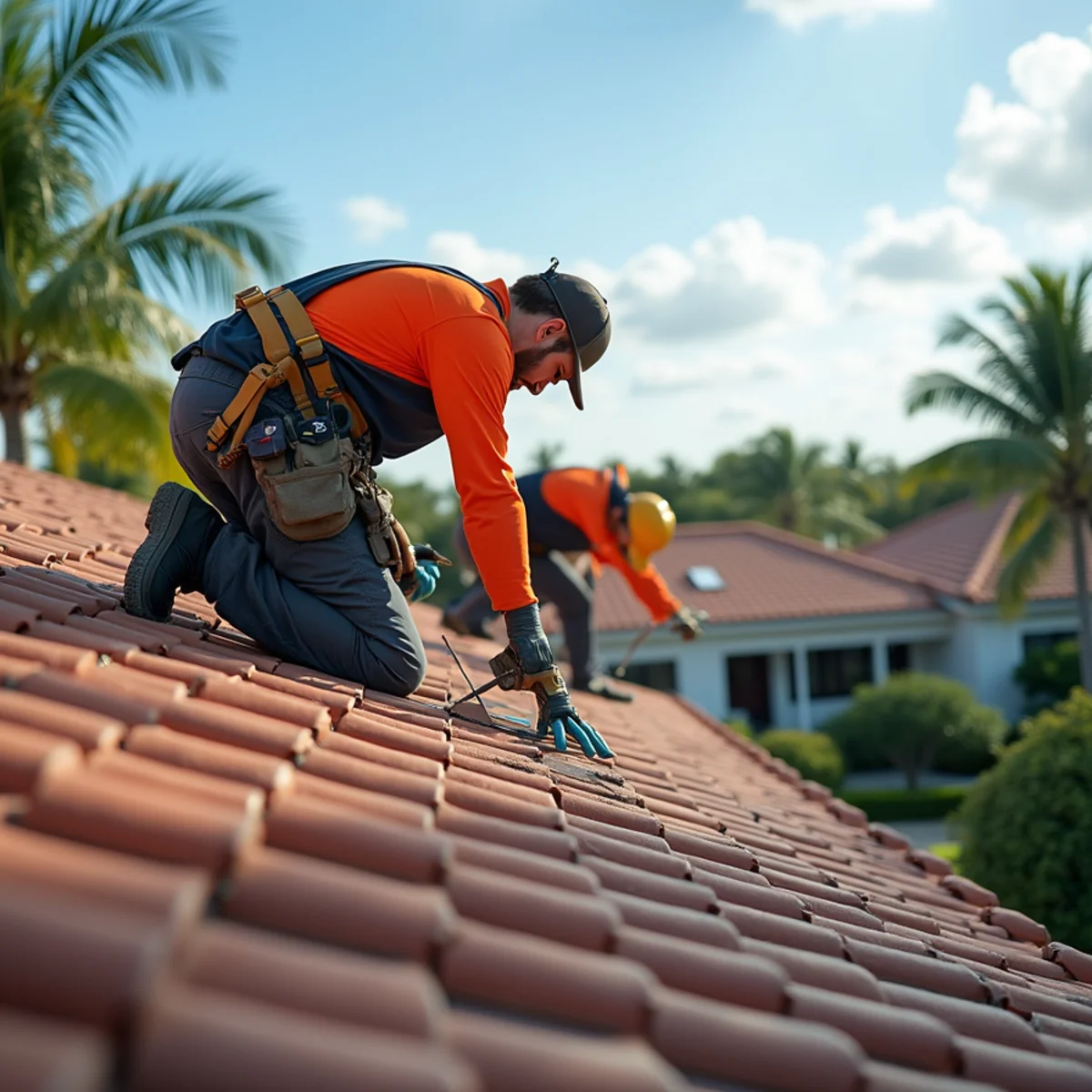 Roofing crew replacing HOA-approved concrete tile on a Parkland, FL home