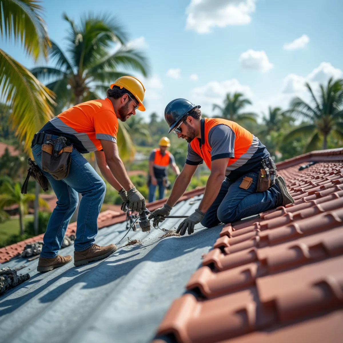 Roofing crew re-covering a flat commercial roof in Pembroke Park, FL