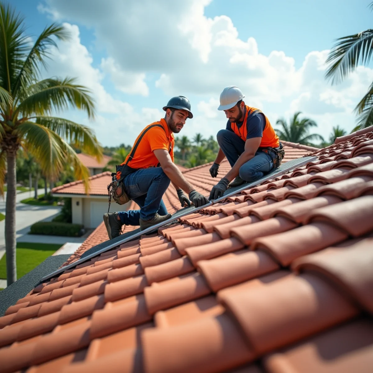 Tile roof replacement crew working a subdivision home in Pembroke Pines, FL