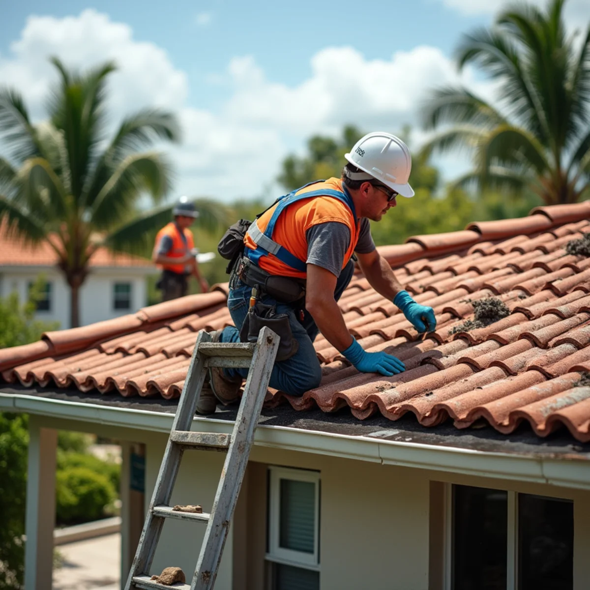 Roofer clearing a debris-clogged valley on a tree-shaded ranch home roof in Plantation, FL