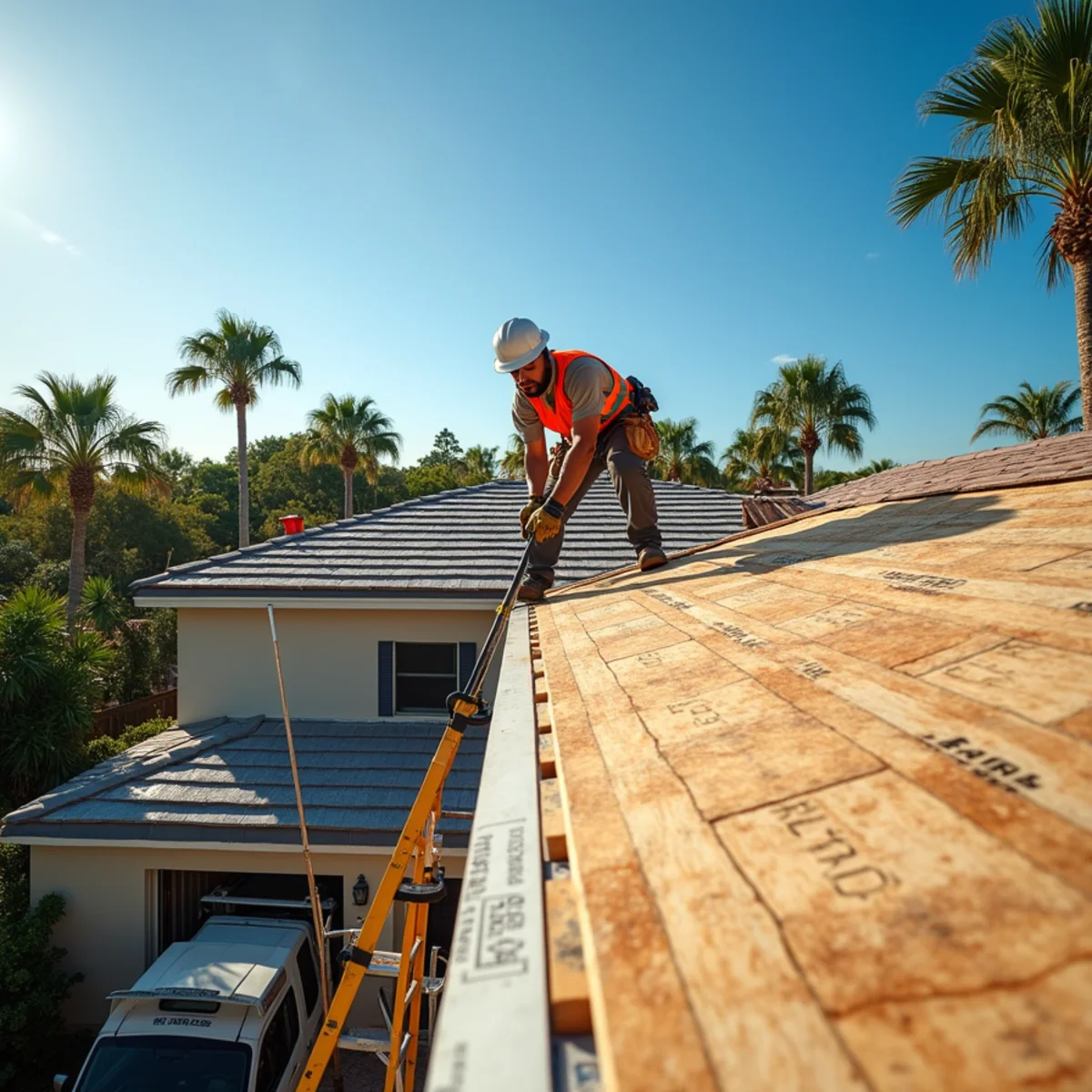 Roofing crew tearing off and replacing a roof on a Boca Raton, FL home