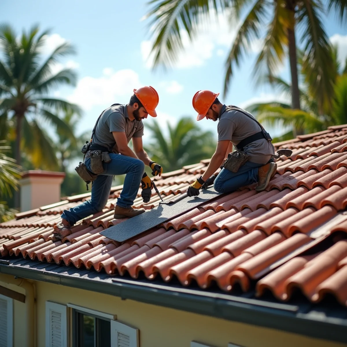Roofing crew installing a new roof on a single-family home in Royal Palm Beach, FL