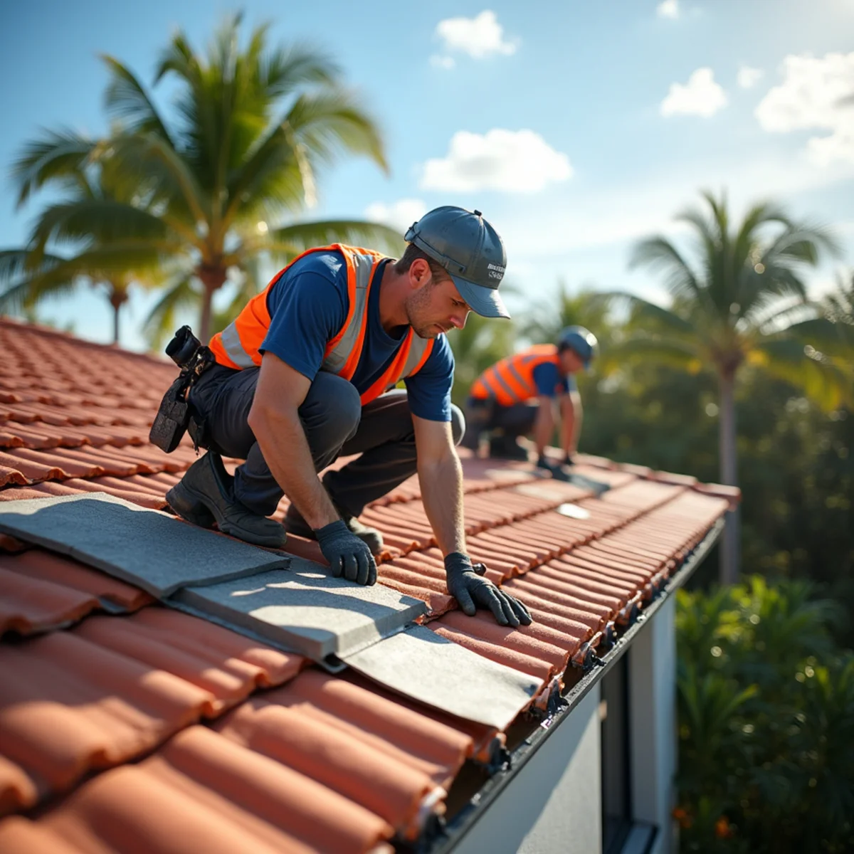 Roofing crew replacing concrete tile on a 1980s subdivision home in Sunrise, FL