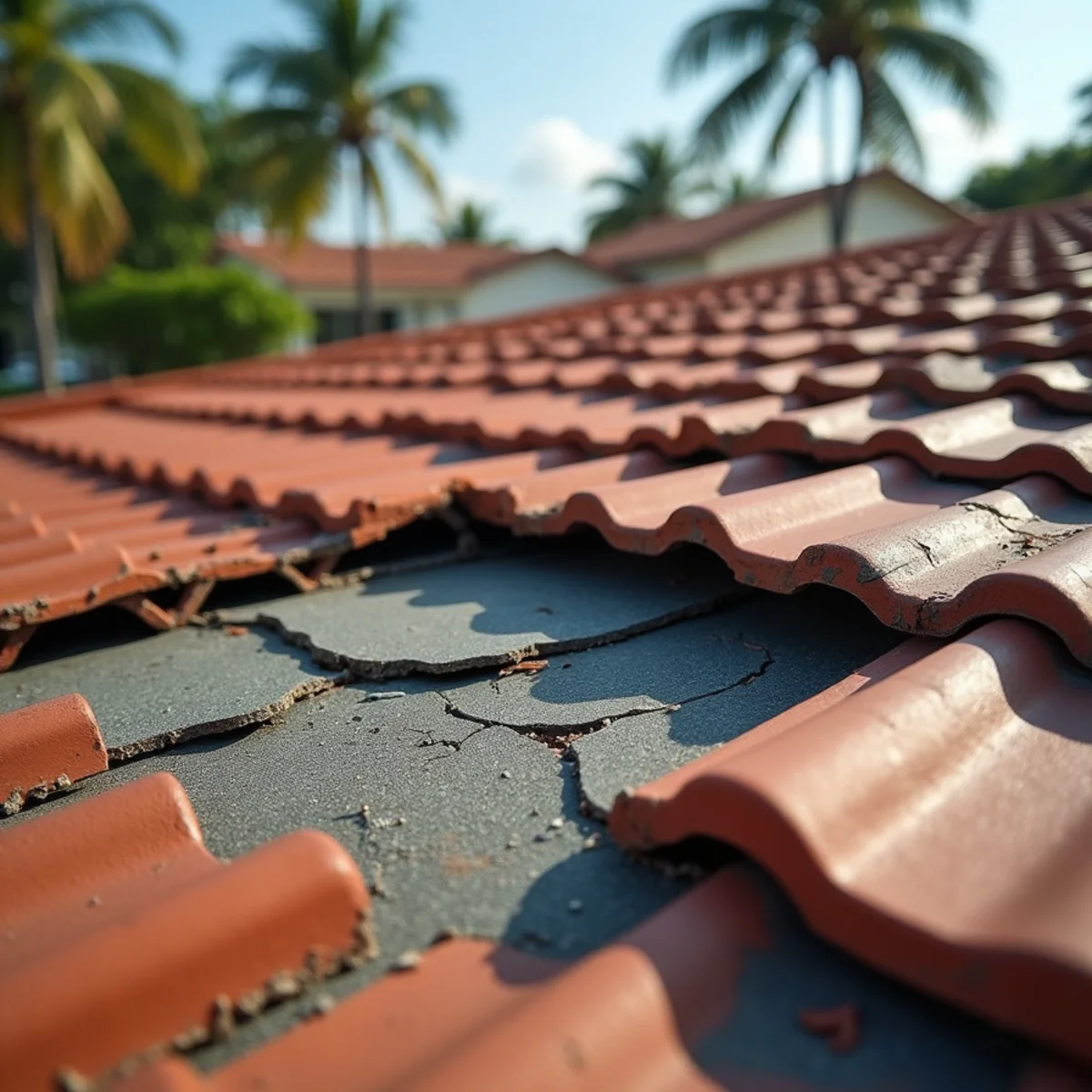 Cracked and slipped concrete roof tiles exposing underlayment on a storm-damaged South Florida roof