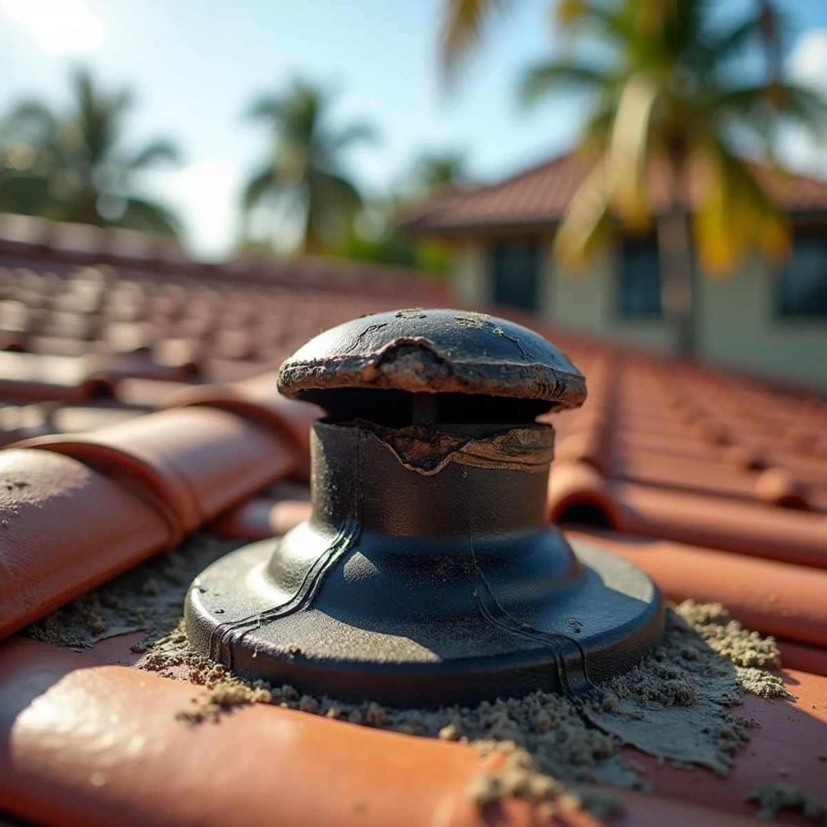 Cracked rubber pipe boot flashing around a plumbing vent on a South Florida tile roof