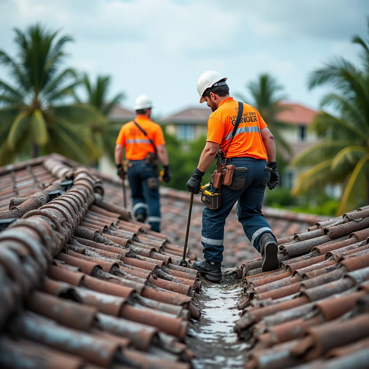 Technician lifting cracked concrete roof tile to inspect underlayment for a leak after a storm in South Florida