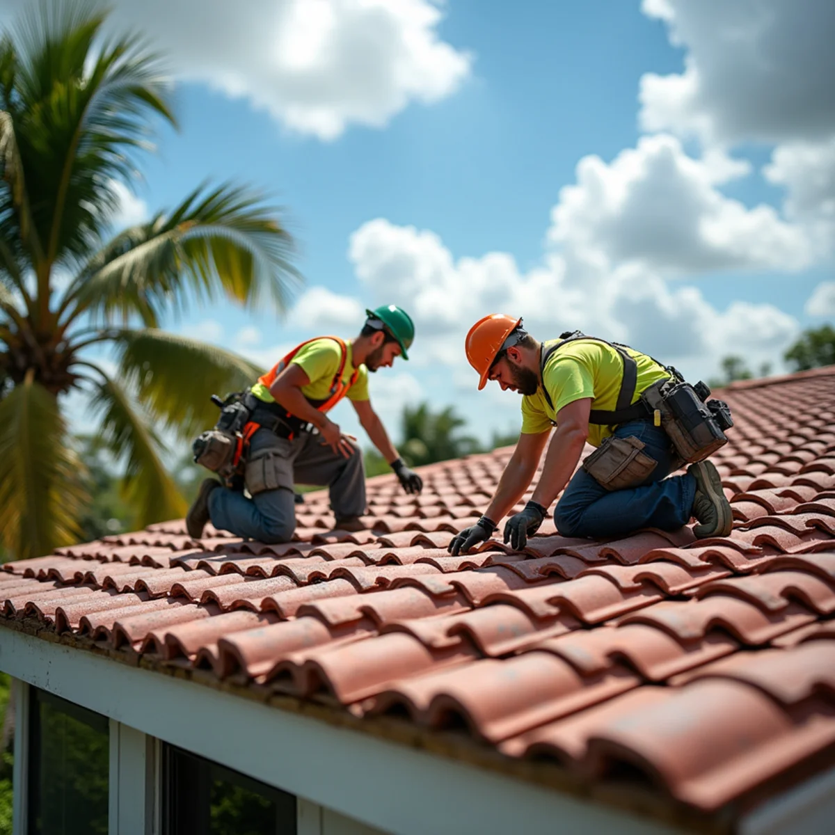 Roofer inspecting a flat porch addition on a restored mid-century home in Wilton Manors, FL
