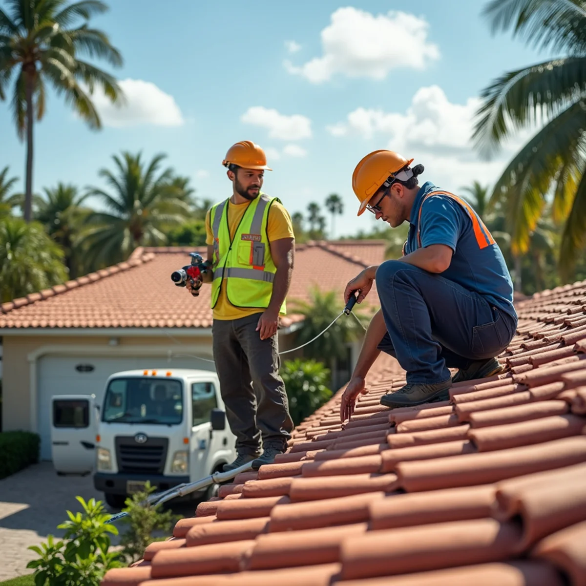Inspector examining roof-to-wall truss connections during a wind mitigation inspection in Florida